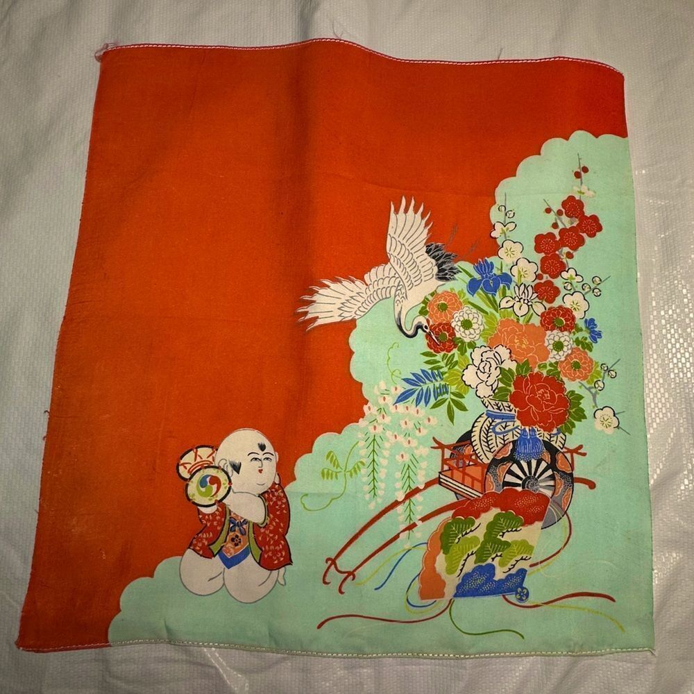 Vintage Japanese Silk Square handkerchief of Gosho doll flower cart and crane